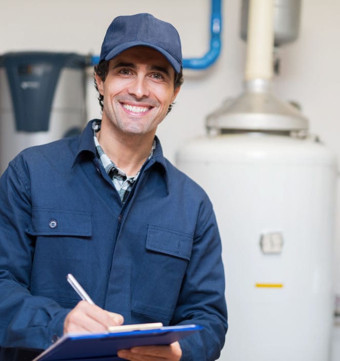 HVAC technician smiling and taking notes in front of a water heater, emphasizing professional maintenance services for heating and air conditioning.