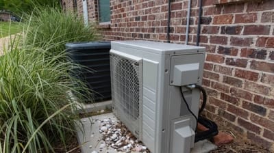 Ductless mini-split air conditioning unit installed beside a brick wall, surrounded by grass and landscaping, highlighting HVAC solutions for efficient cooling.
