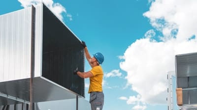Worker installing an air exchanger unit on a rooftop against a blue sky, emphasizing HVAC system maintenance and installation.